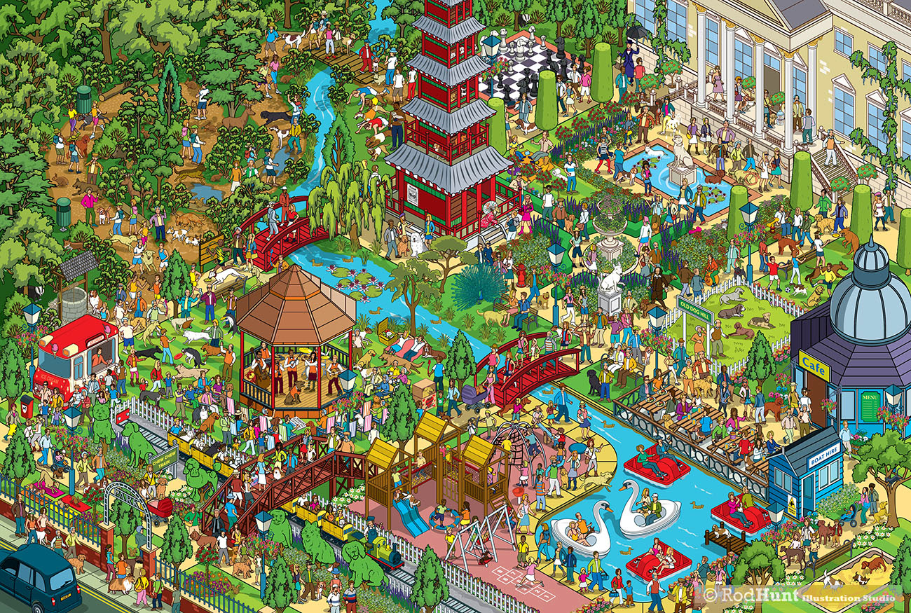 Yappy.com Where's Your Dog? Personalised search and find book - dog walking park illustration