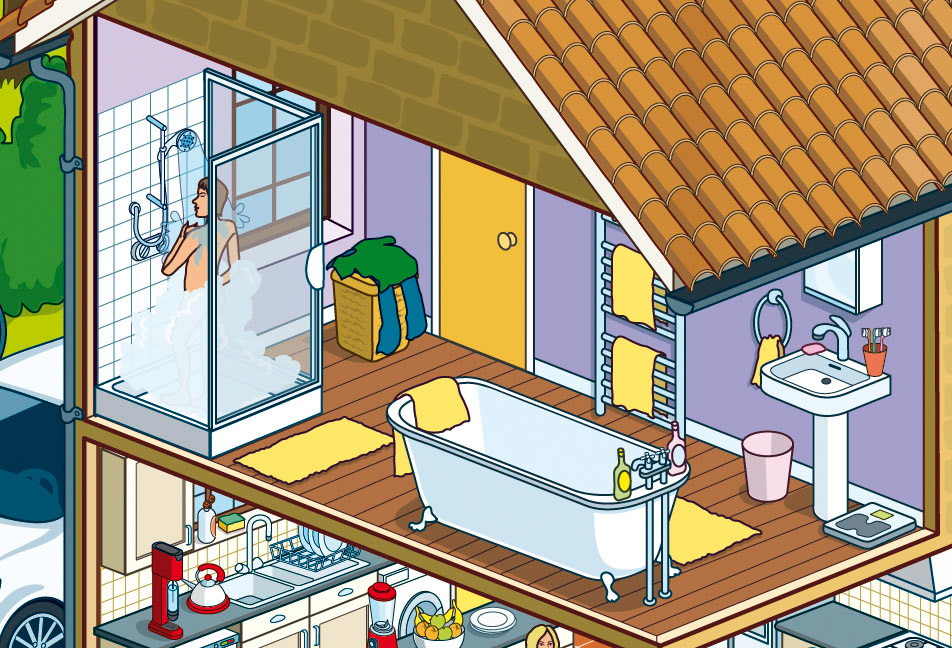 Interior cutaway home illustration showing rooms in cross section