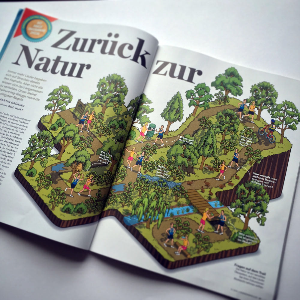 Sports and running information graphic trail map illustrations in Runner's World Magazine