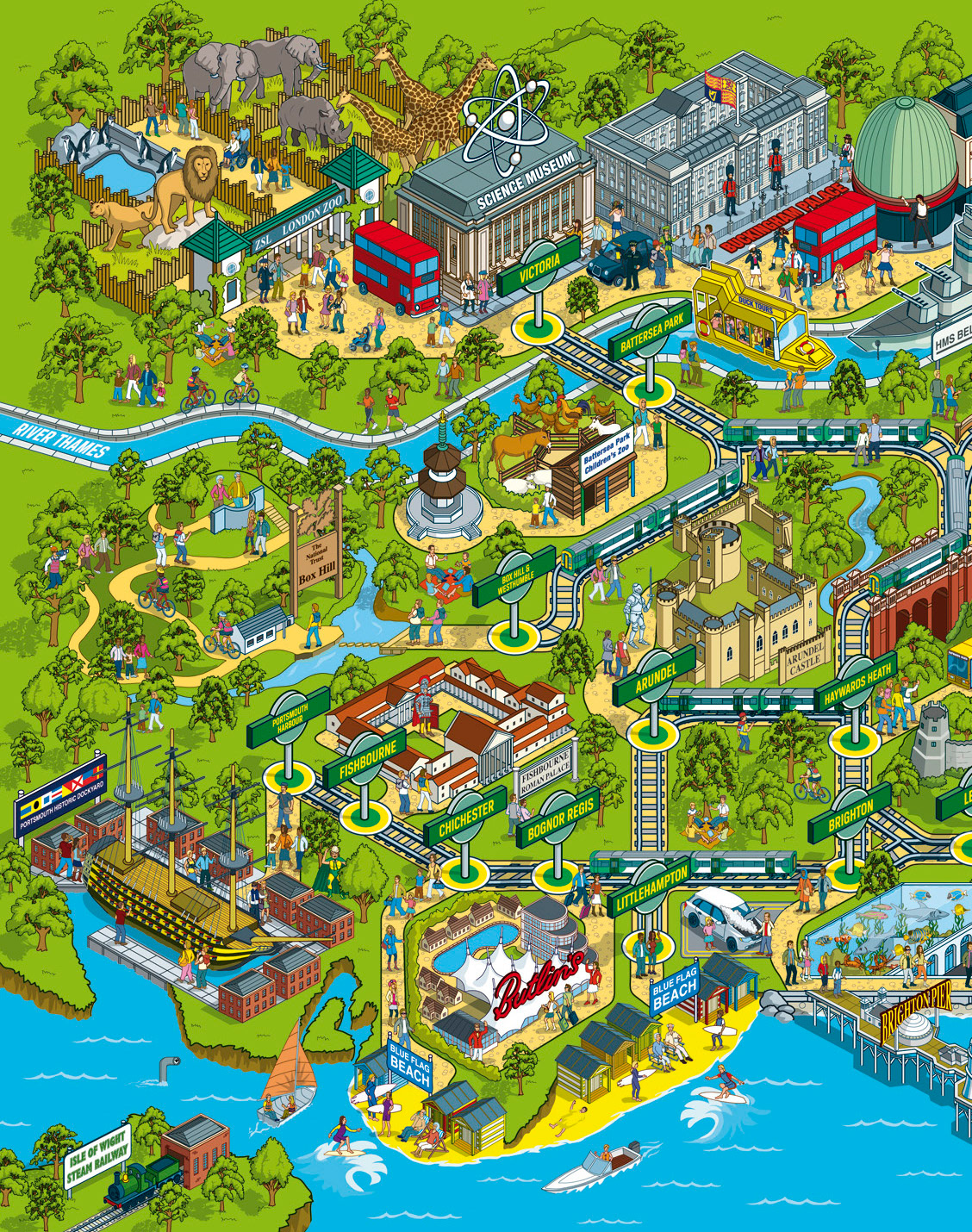 Isometric pictorial map illustrator - Illustrated visitor attractions map commissioned by VCCP for an advertising campaign for Southern Railway