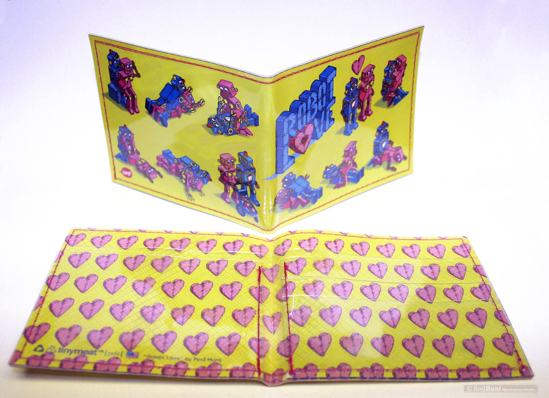 Illustrated wallet with retro robot character illustration