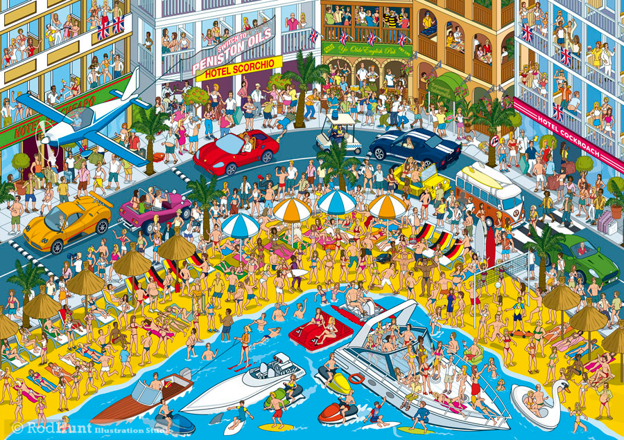 Costa del Stig, beach scene illustrated for the humorous Where's Wally / Waldo style Search and Find book