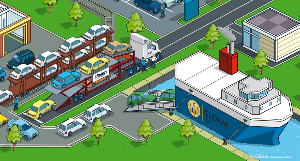 Transportation & Logistics with Freight Illustrations showing the transport, export and distribution of cars for a automotive business