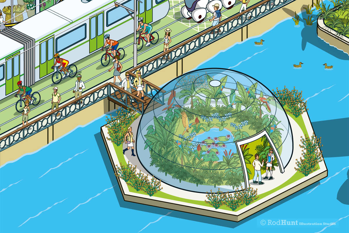 Sustainable Cities isometric illustration, Architecture, urban environment and building design illustrations