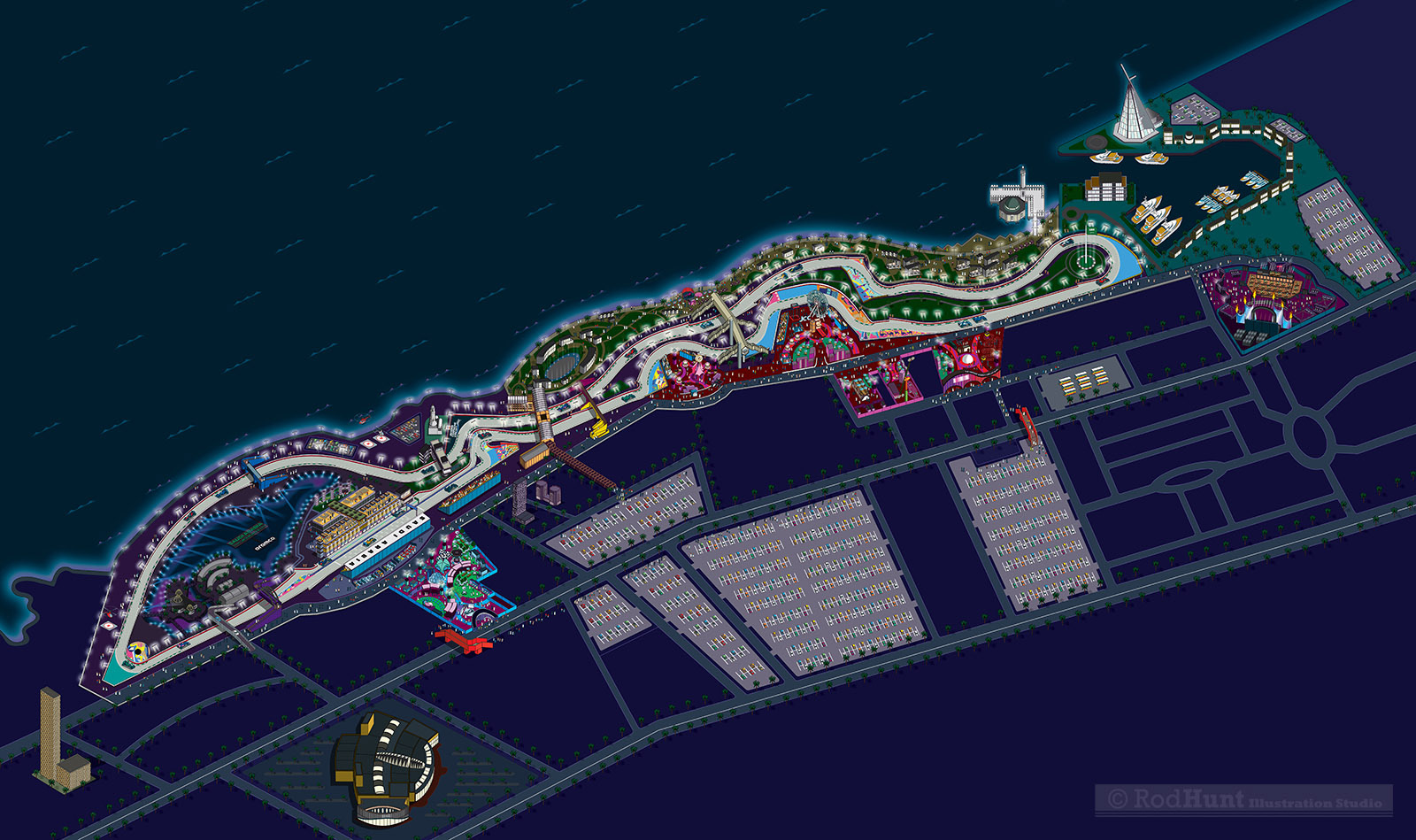 F1 Saudi Arabian Grand Prix 2023 - Jeddah Corniche Circuit Track map isometric illustration 