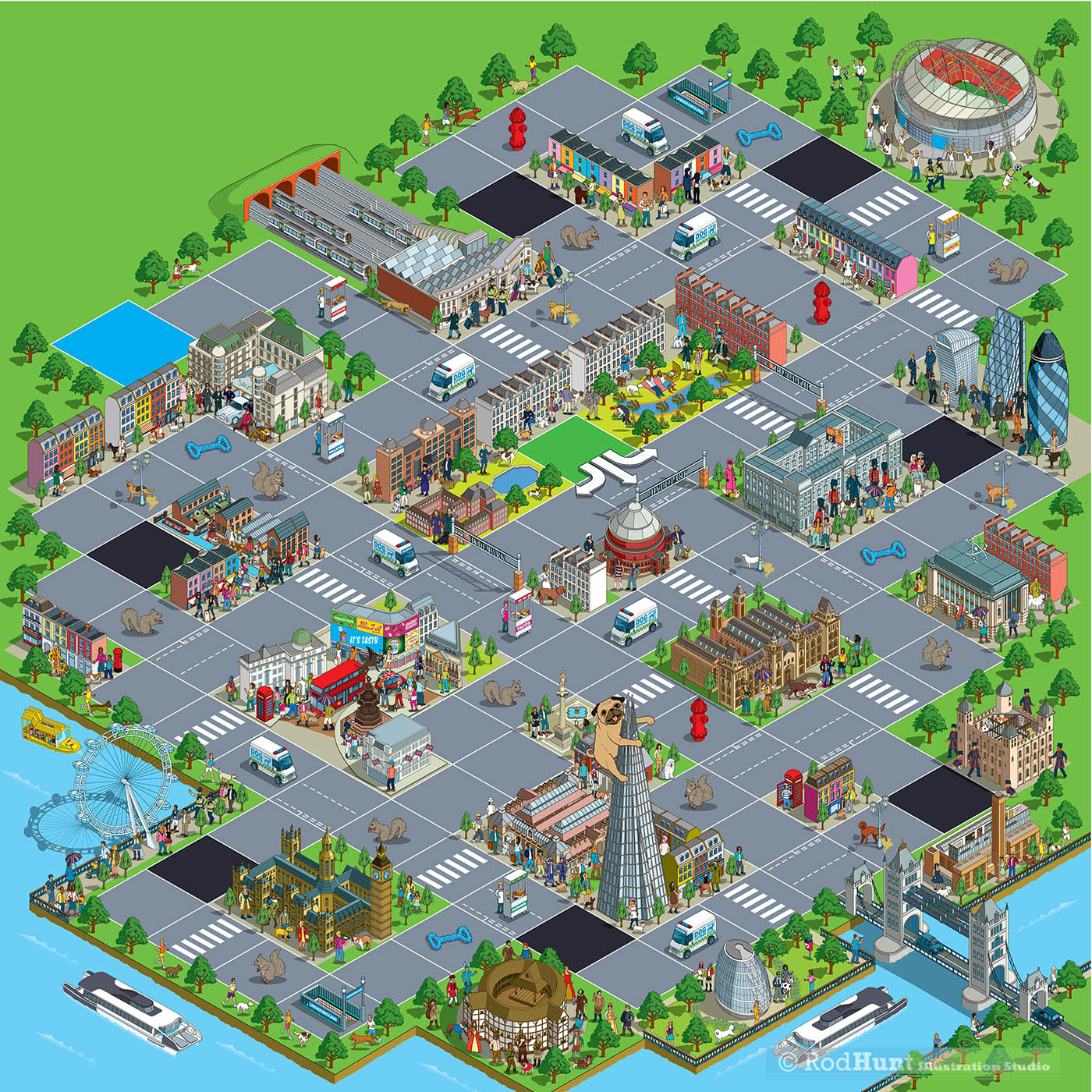 Isometric city illustrated board games created by Rod Hunt