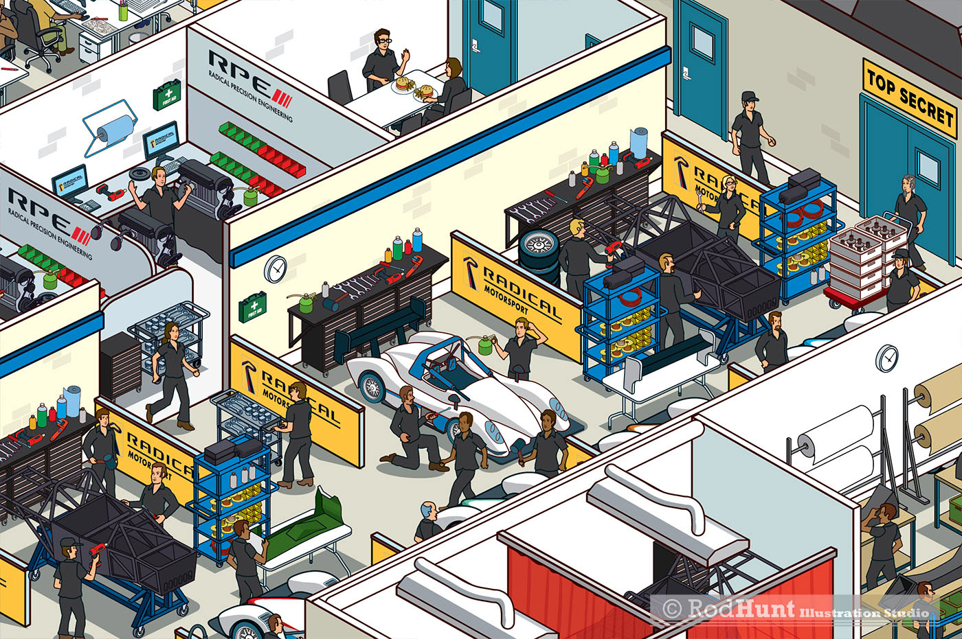 Radical Motorsports Factory floor - Art by Rod Hunt