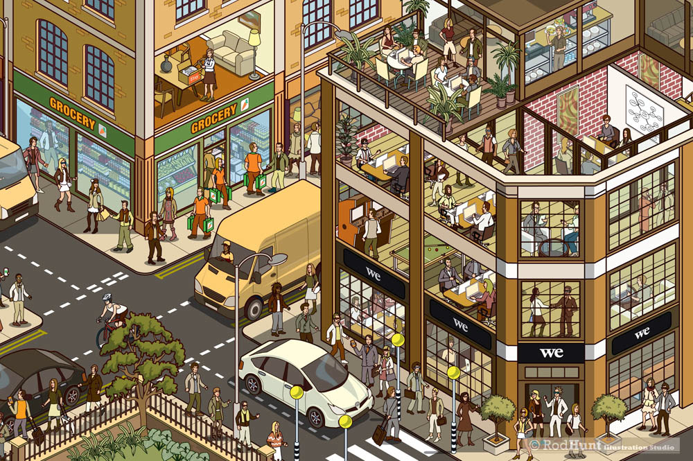Isometric illustration of a cityscape with cutaway and cross sections seeing inside buildings, homes  and workplaces 