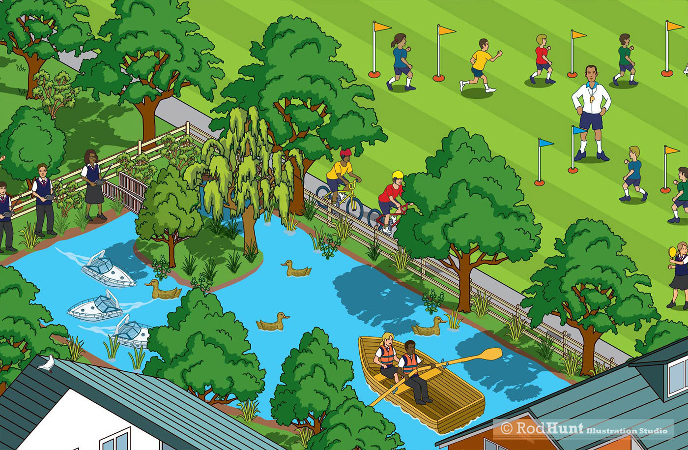 Wildlife and lake area illustrated - Cheltenham Prep School Map Illustration - Details of Facilities and classrooms