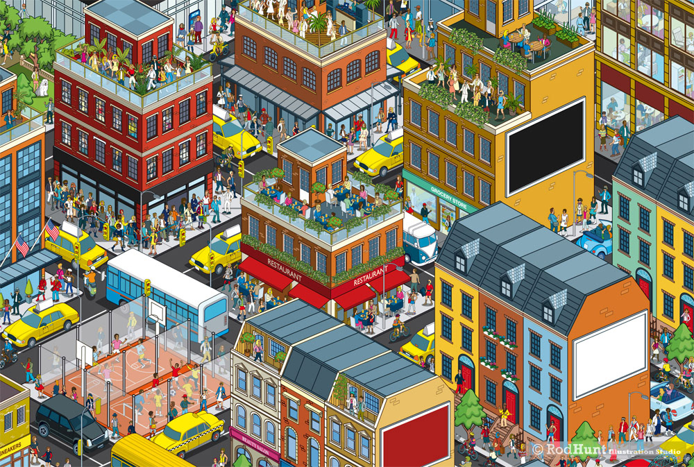 3D Isometric city illustration - a busy city cartoon city highly detailed 3D cityscape illustrations by Rod Hunt one of the UK's leading isometric illustrators