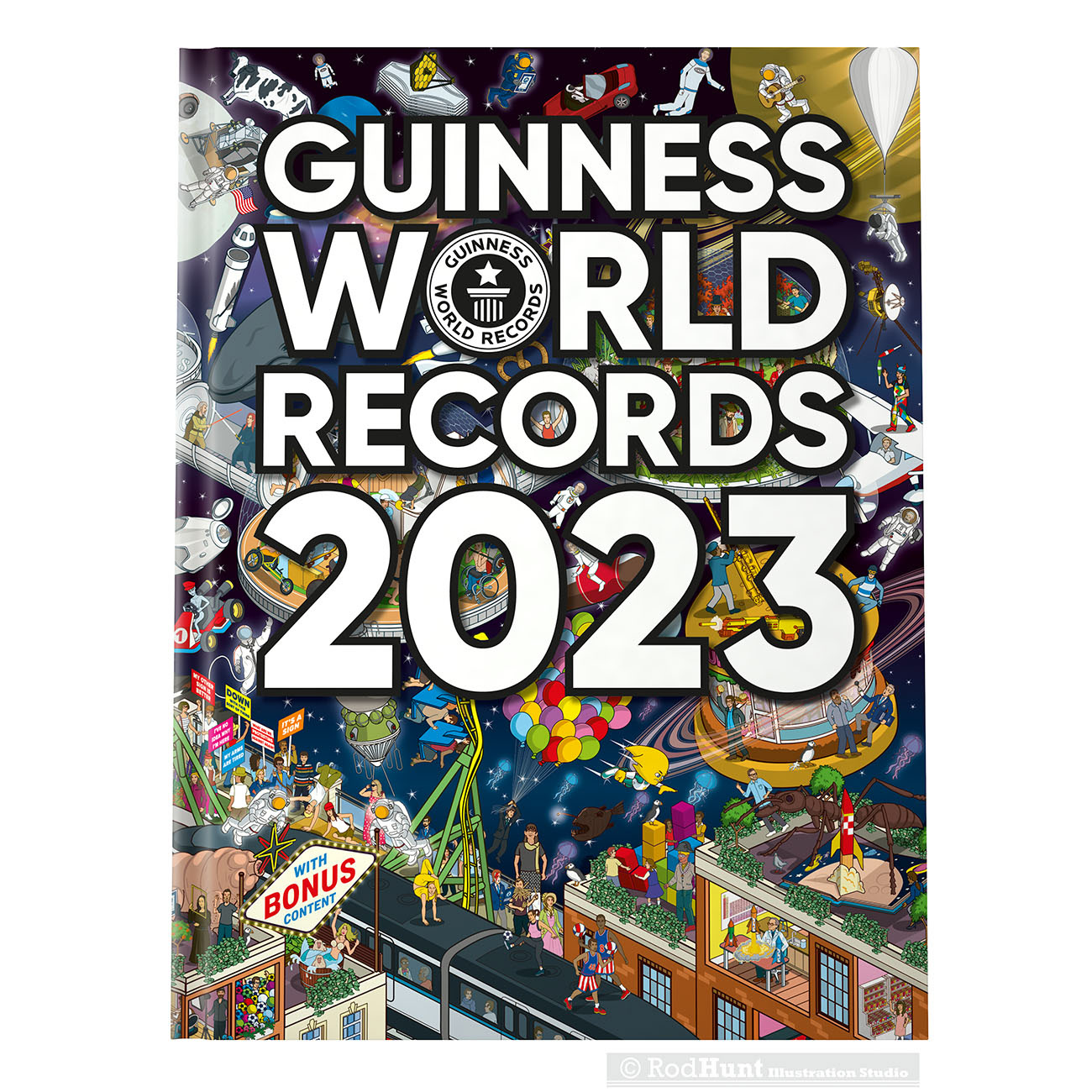 Guinness World Records 2023 book cover illustration by Rod Hunt