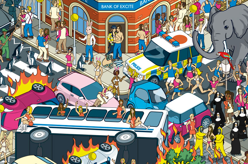 Busy city street illustration