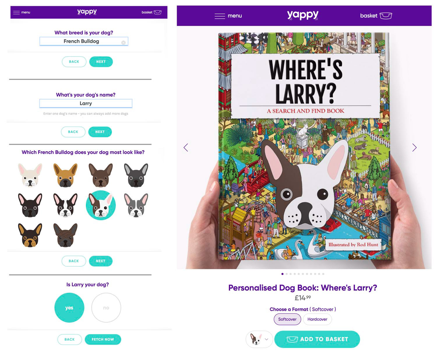 Personalise a Where's Waldo / Wally style search and find book for your very own dog breed and it's look - select a dog avatar that looks like your pet!
