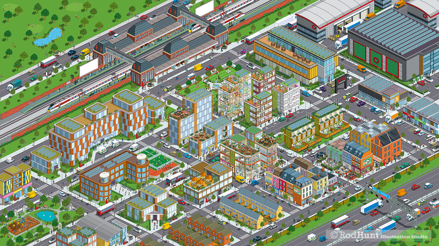 Expansive City Illustration for Segro: Why We Need Data Centres Infinite Zoom Animation - illustrated by Rod Hunt one of the UK's leading isometric illustrators