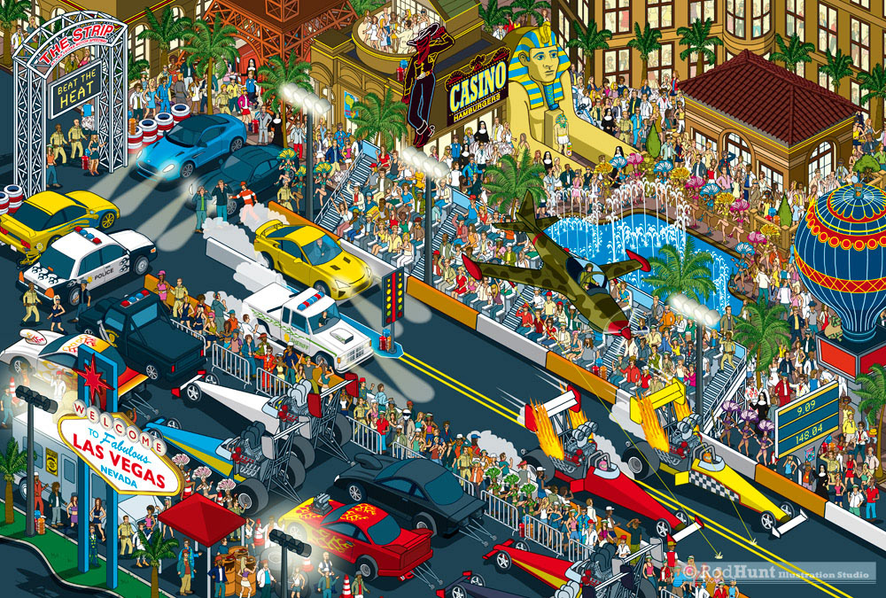 Las Vegas Drag Race Illustration from Where's Stig? Motorsport Madness book by Rod Hunt