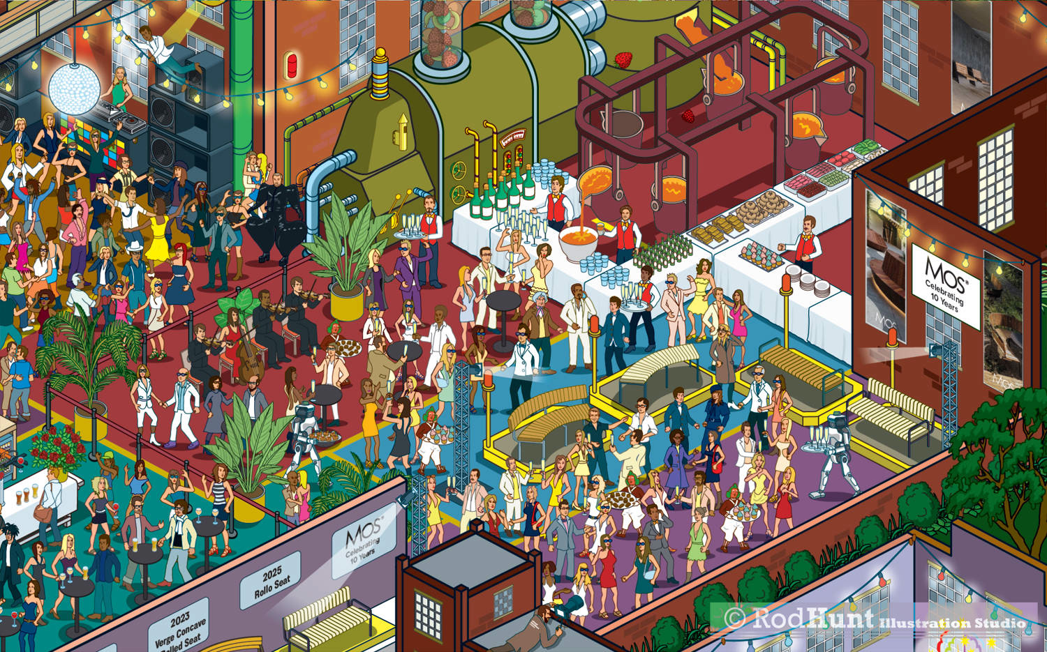 Cutaway Building illustration of a nightclub party in an old factory 