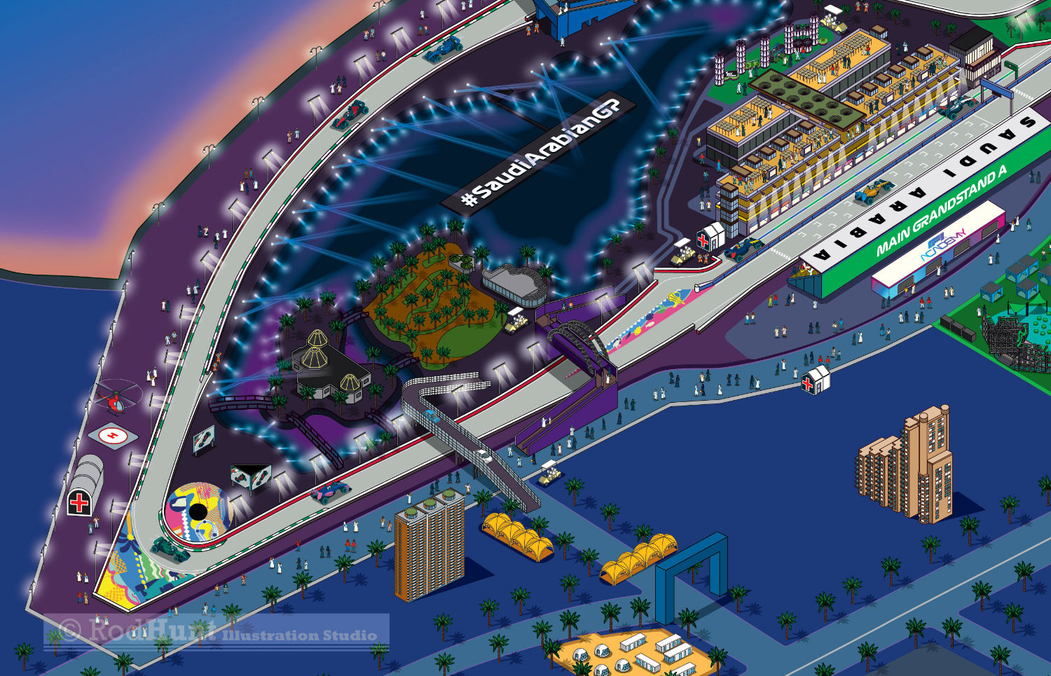 Jeddah Corniche Circuit and Venue illustrated Sports Event Map . Lagoon and Paddock club - F1 Saudi Arabian Grand Prix 2024 Sports Competition Map Illustration