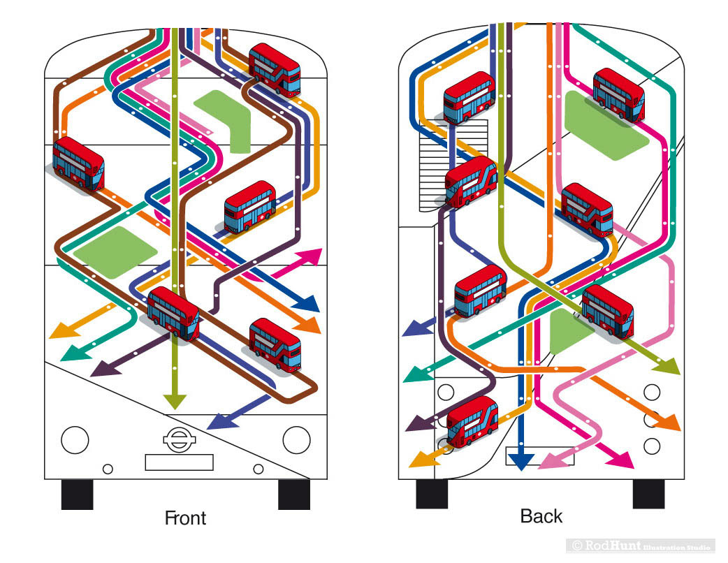 Graphic art for a public art commission, based on the London Bus Route map
