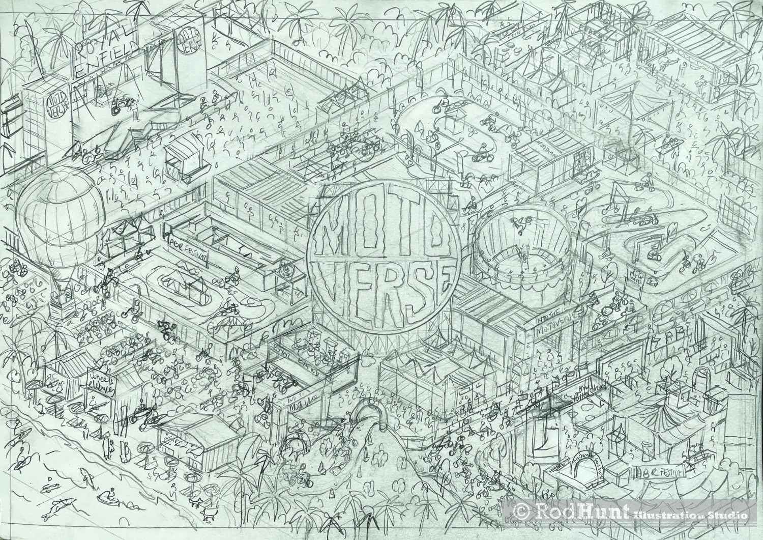 Isometric pencil drawing for the Motoverse 2025 festival poster