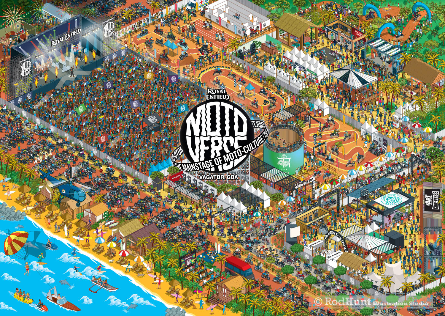 Key Visual for the Royal Enfield Motoverse Festival 2025, an entertainment illustration map for advertising and marketing created in isometric perspective by Rod Hunt