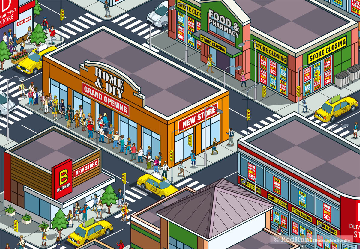 Retail stores illustrated in isometric perspective