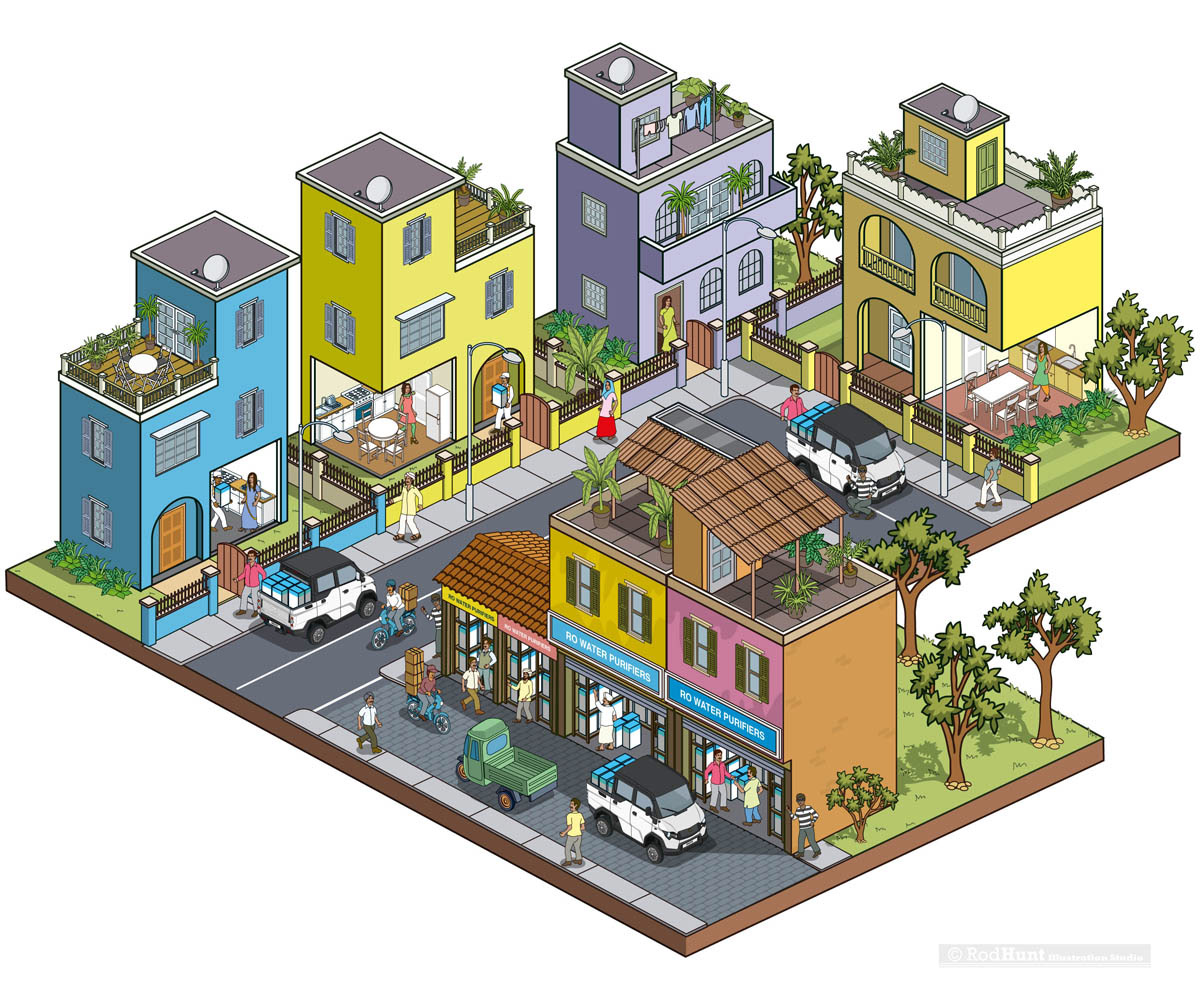 Indian Street scene illustrations in isometric perspective