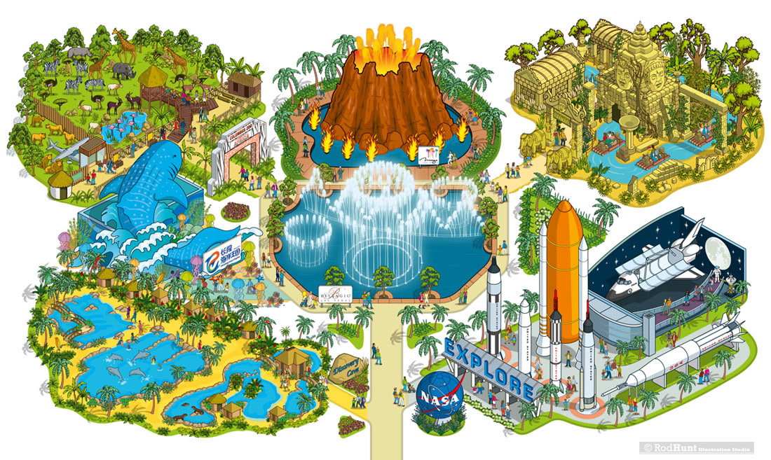 Theme Park Attractions Map Illustrations including Experience Design for resorts, tourist attractions, space museums, resorts, safari parks and aquarium Sea life centres