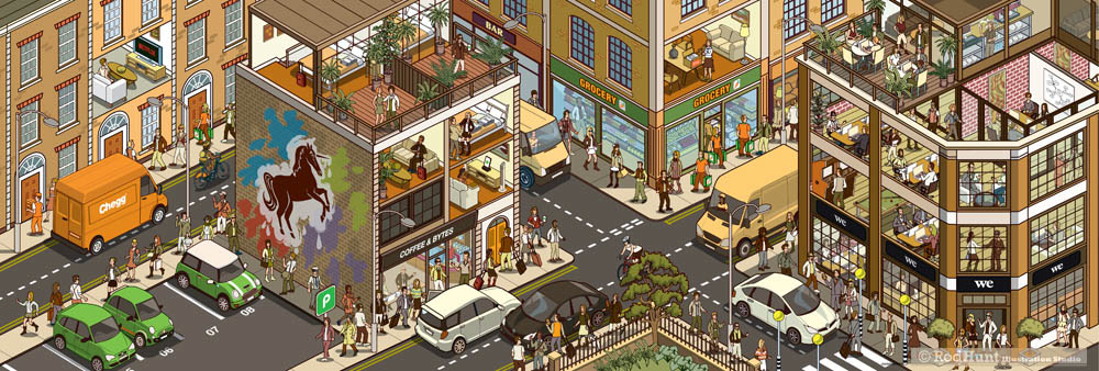 The Sharing Economy Isn't For Everyone - isometric cityscape editorial illustration for GQ magazine 