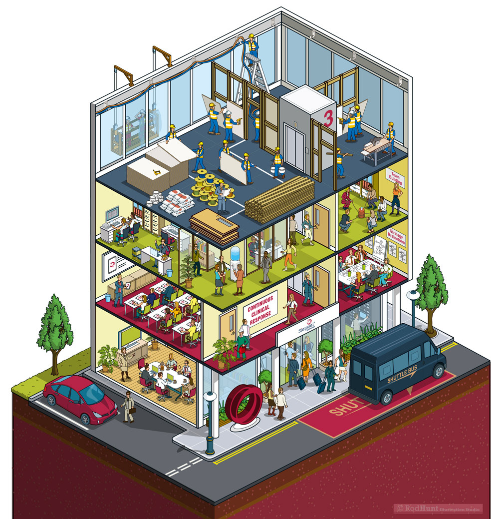 Isometric Building Cutaway cross section office illustration 