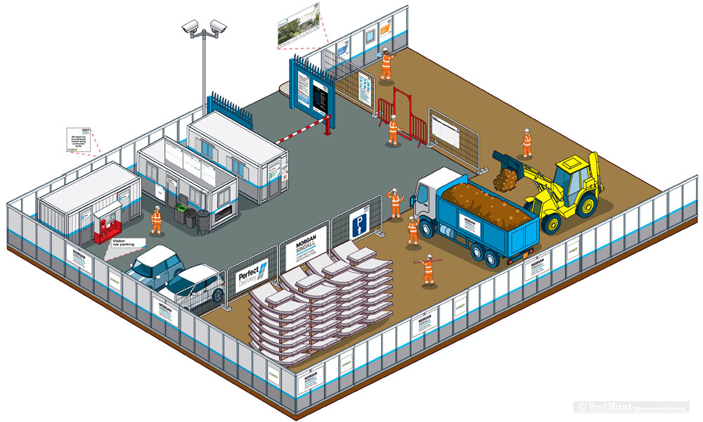 3D Isometric perspective infographic diagram for a construction site set up guide showing best practice for construction companies