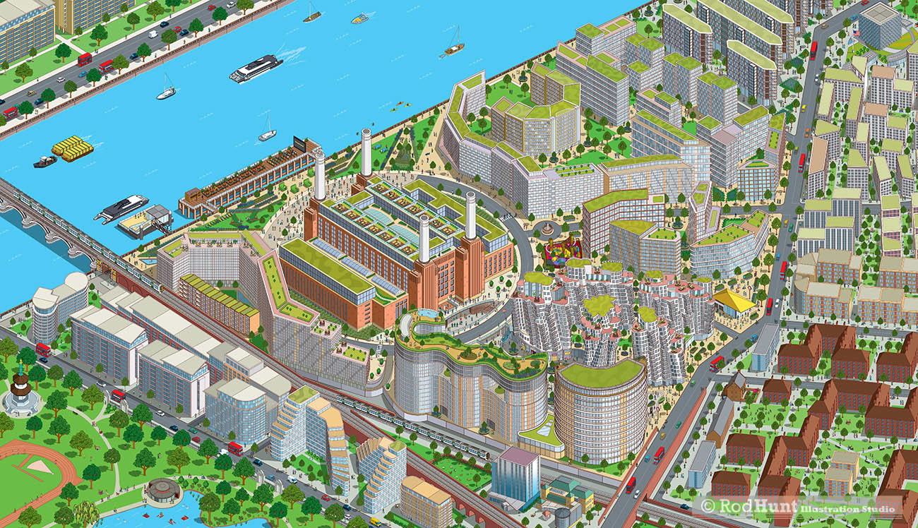 Battersea Power Station Development Birds eye view Neighbourhood Isometric Map city illustration