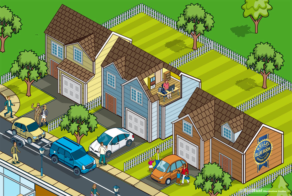 Isometric illustrations of homes showing delivery on the car to consumers