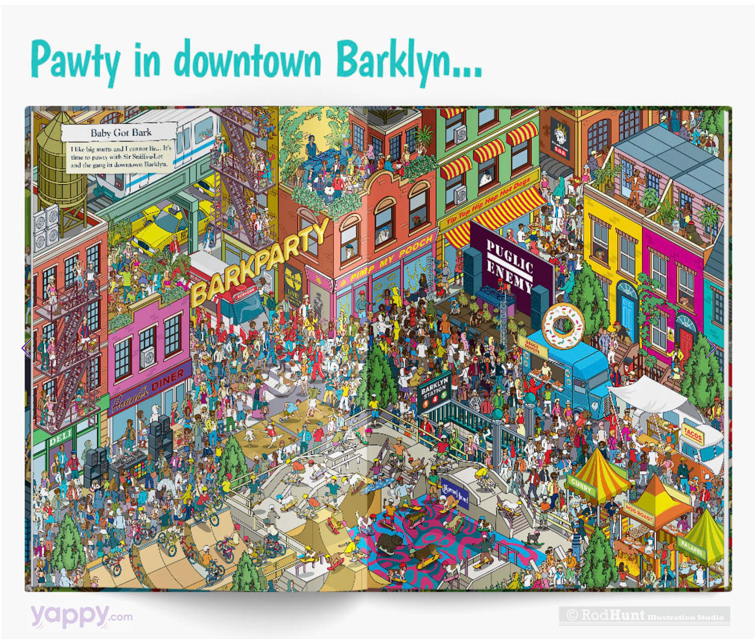 Barklynn - Hip Hop Rap music  illustration - Detailed isometric pixel art Where's Wally/Waldo style personalised Search and Find book - Custom Wimelbild illustrated books