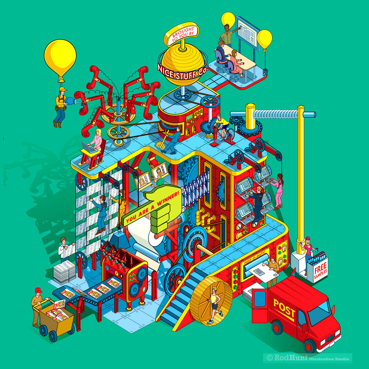 isometric Illustration - Heath Robinson / Rube Goldberg crazy machine - Magic Marketing Machine magazine cover