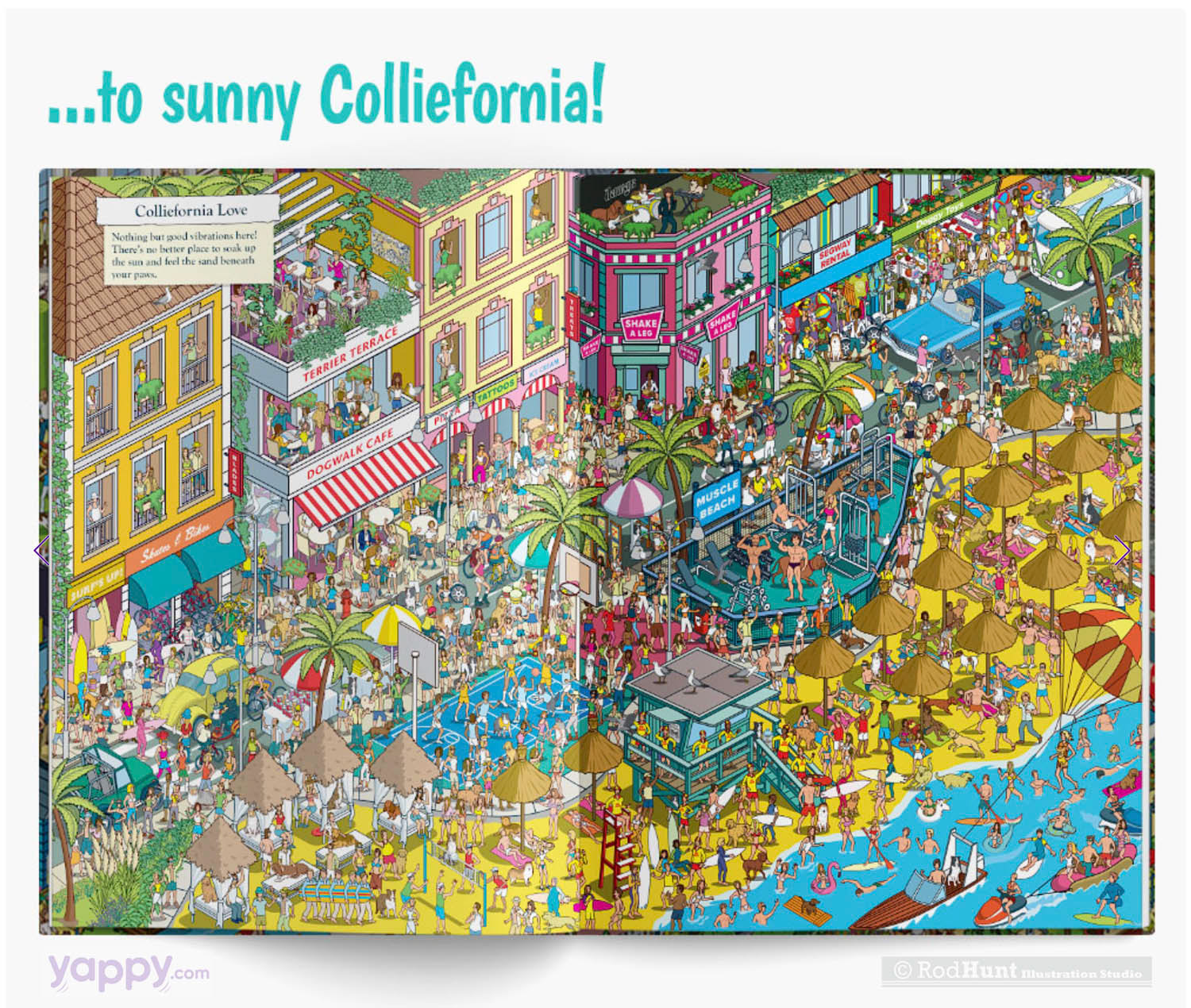 Illustrated Hidden Pictures Puzzle Activity book personalised for your own dog Where's Waldo / Wally style crowd puzzle illustration