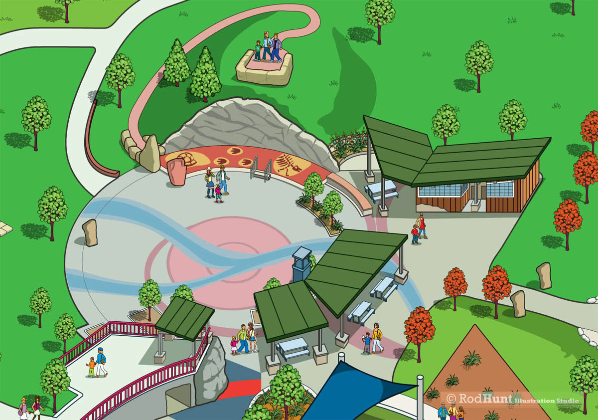 Rod Hunt was commissioned to create an illustrated visitors guide map for Centennial Center Park, it's gardens, playgrounds and facilities