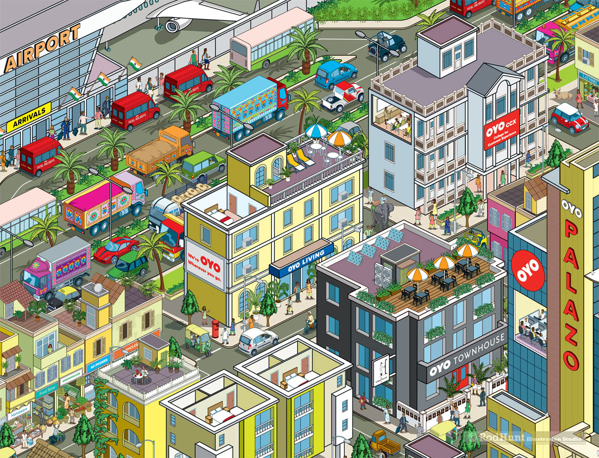 Illustrations for the holiday, vacation, hotel and hospitality industry - An Illustration of an Indian City, with hotels and apartments