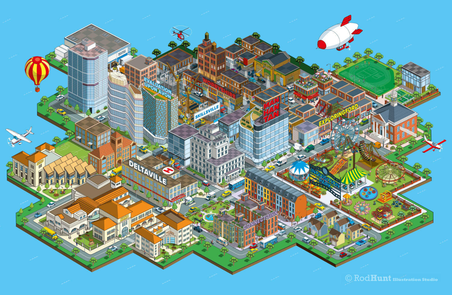 3D Isometric City Illustration including Different Neighbourhoods and environments with a distinctive architectural style and theme - illustrated by Rod Hunt