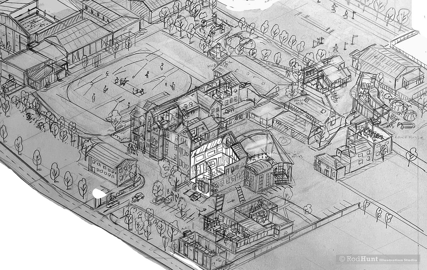 Hand Drawn Sketch Rough Pencil Drawing - Cheltenham Prep School Map Illustration By Rod Hunt