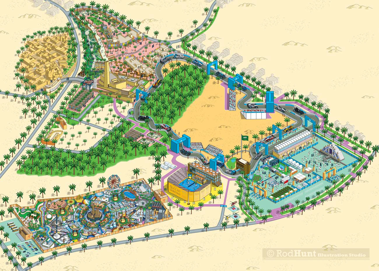 Diriyah Season Sporting Festival Map Illustration, illustrated sports event map by Rod Hunt