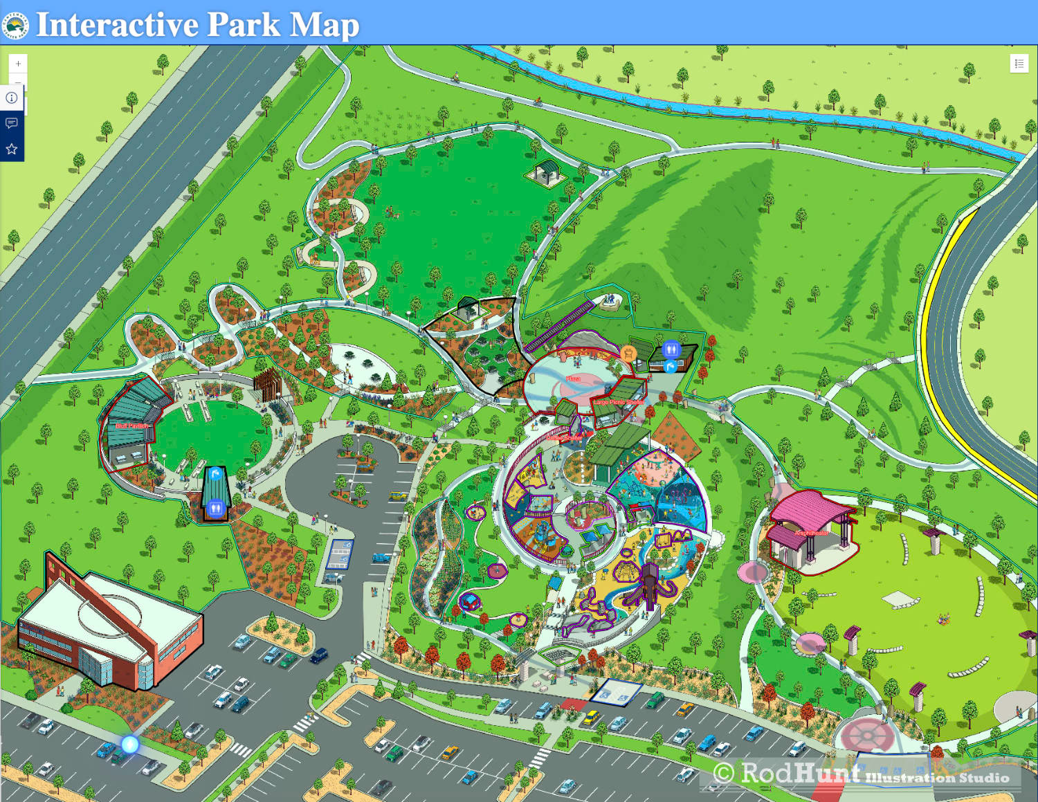 Illustrated Interactive city park Map for a visitors guide showing gardens and facilities.
