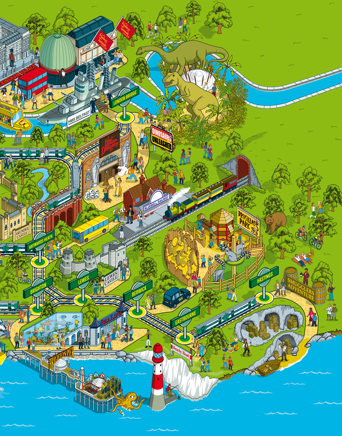 Pictorial Map illustration - Tourist and Attractions Visitors Guide Map of the South of England