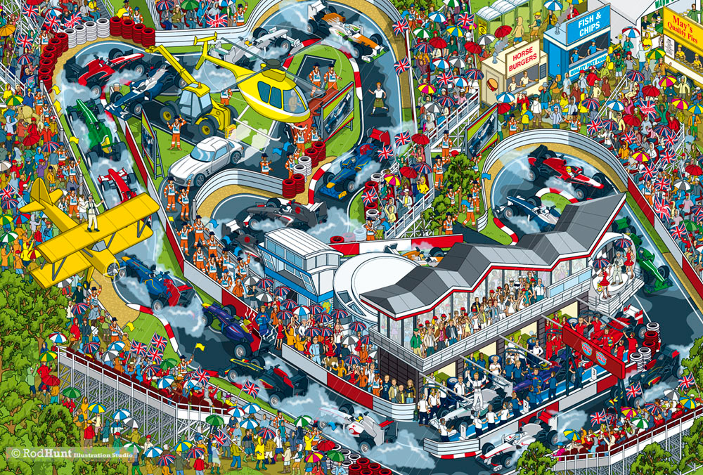 British Grand Prix, Silverstone - Formula 1 Circuit Map Illustration - Where's Wally/Waldo style search and find book isometric pixel art illustrations