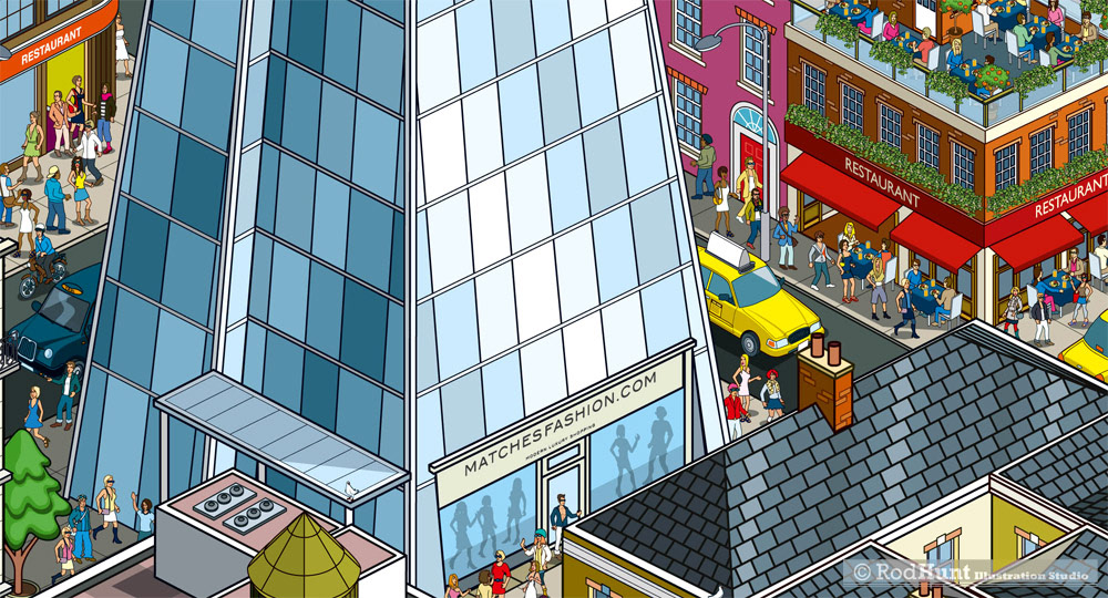 Pixel art cityscape illustrations for editorial and magazines