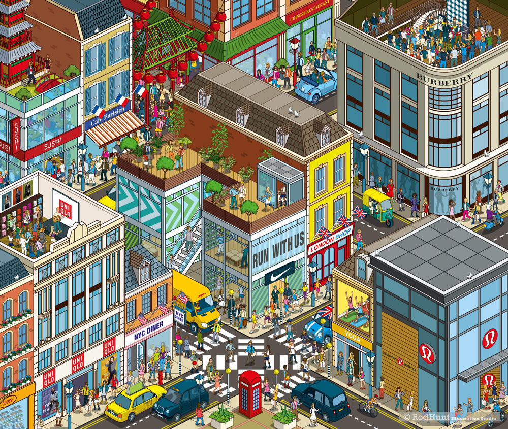 3D Isometric cityscape illustrations of fashion and retail brands for The Business of Fashion Magazine - illustrating Christian Dior Couture, Gucci, H&M, MatchesFashion.com, The Communications Store,  Zalando, Nike, UNIQLO, Lululemon Athletica and Burberry in the retail environment