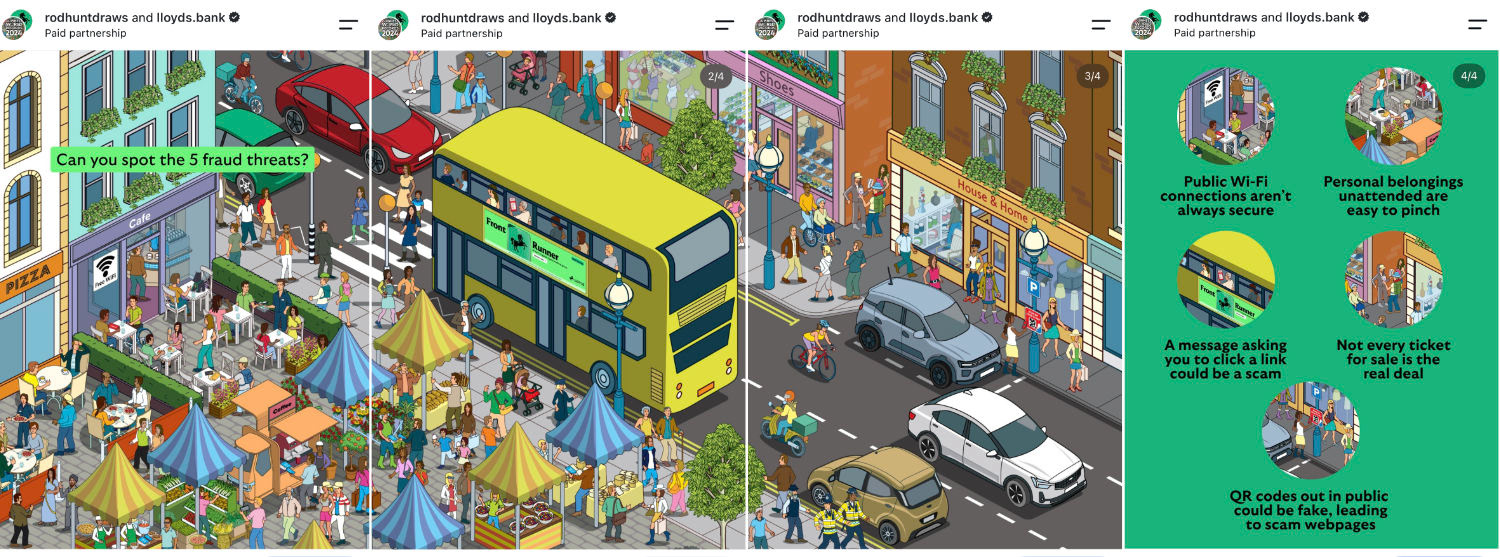 Search and find Illustrations of banking fraud threats used as an Instagram social media post for Lloyds bank customers