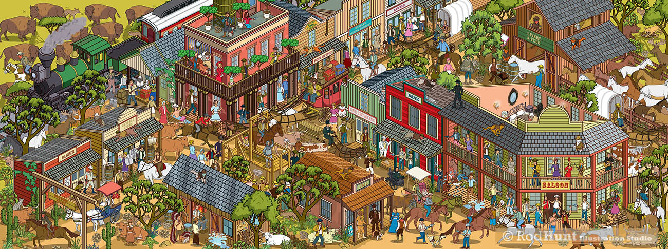 Yappy Where's my dog / cat? Wild Ride to... Search and Find book  - Wild West cowboys illustration