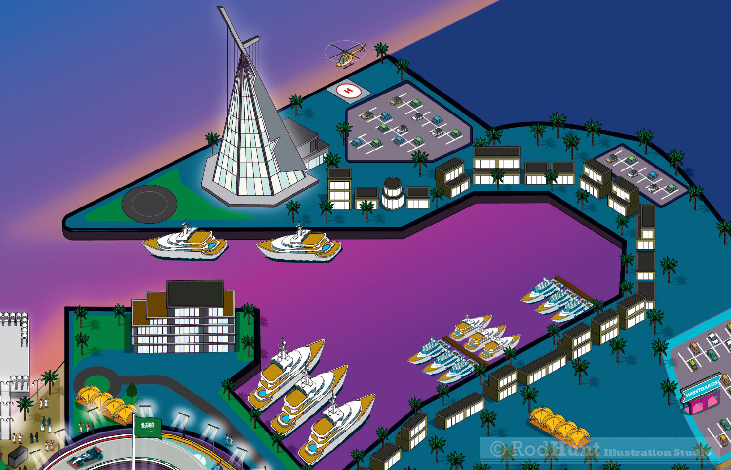 Formula One Saudi Arabian GP Illustrated Track venue Guide Map - Jeddah Yacht Club - Grand Prix 2024 sporting events Map Illustration
