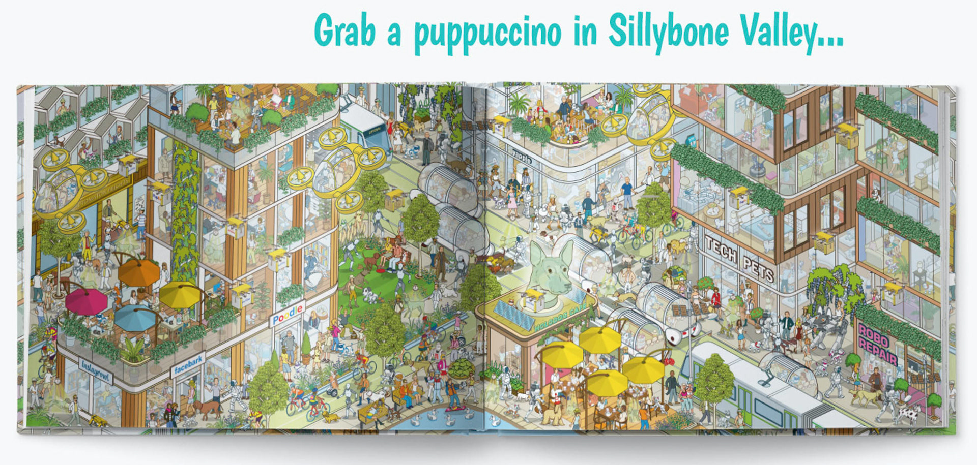 Custom Wimmelbild Books for dogs and cats with Where's Waldo / Wally? style illustrations