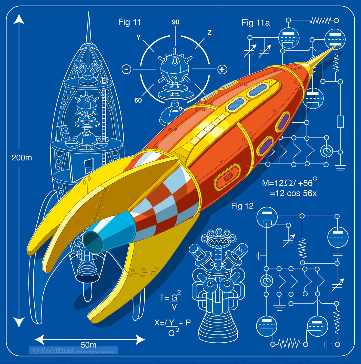 Retro Space Rocket Blueprint Illustration - Build your own Spaceship - Spacex, NASA, Blue Origin, Spaceship, Starship, BFR, Big Falcon Rocket
